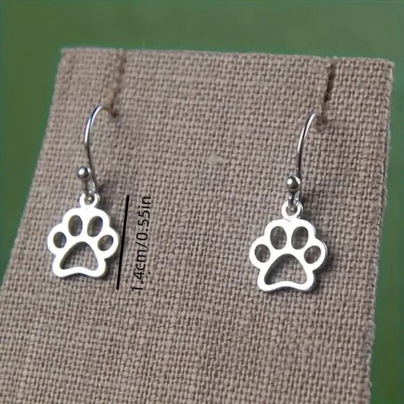 Silver Paw Print Drop Pendant Earrings Dainty Dangle Pet Dog Cat Classic Boho - Picture 3 of 5